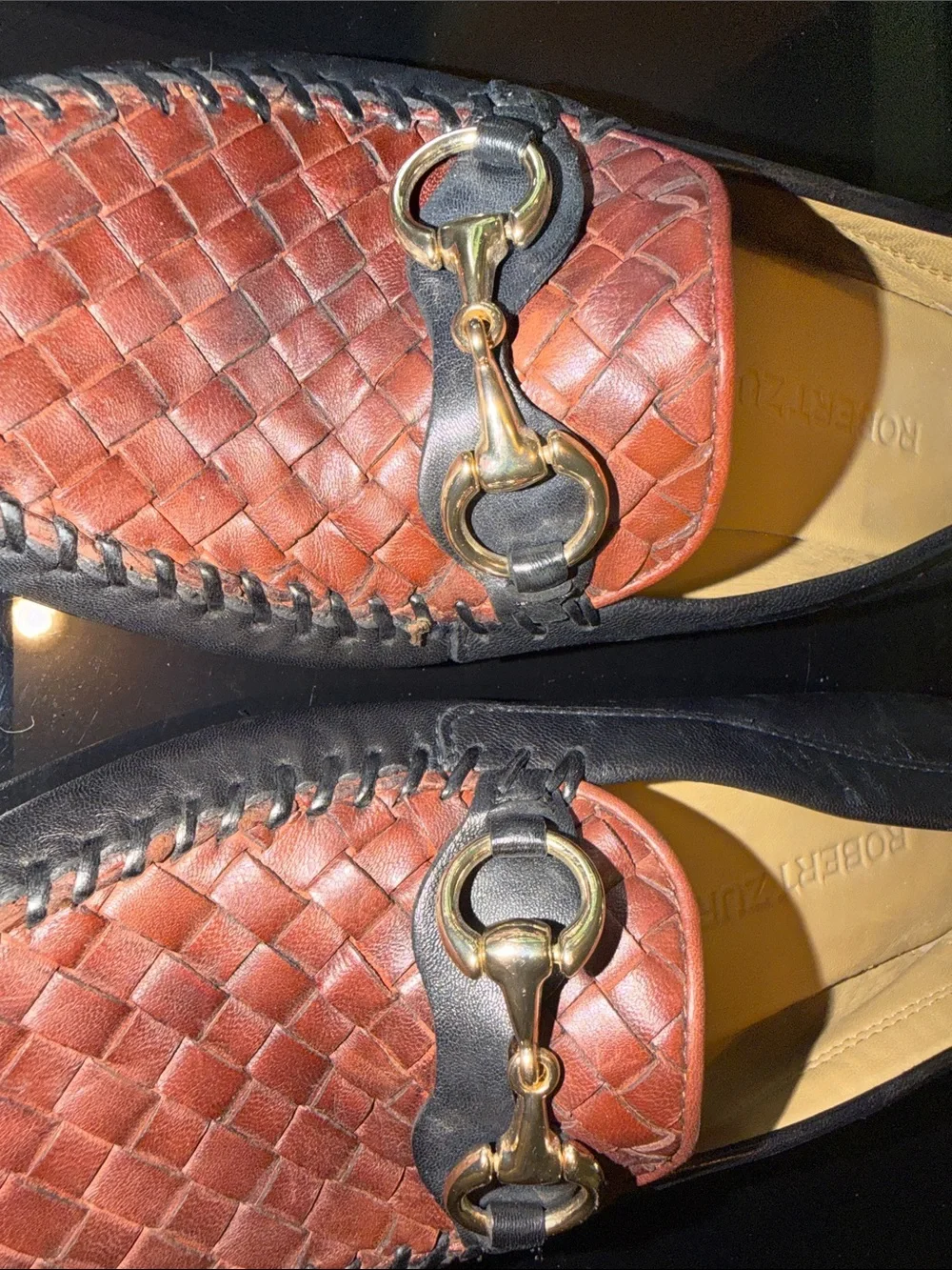 Robert Zur Black & Brown Woven Leather Loafers with Gold Horsebit